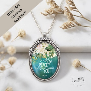 Floral Bible Verse Oval Pendant Necklace, Religious Jewelry (24 or 32 In Chain)