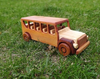 Handmade Wooden School Bus Toy, Natural Wood