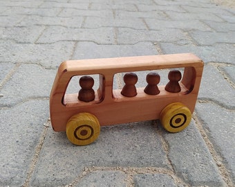 Handmade Wooden Bus Toy, Natural Wood, Montessori Car