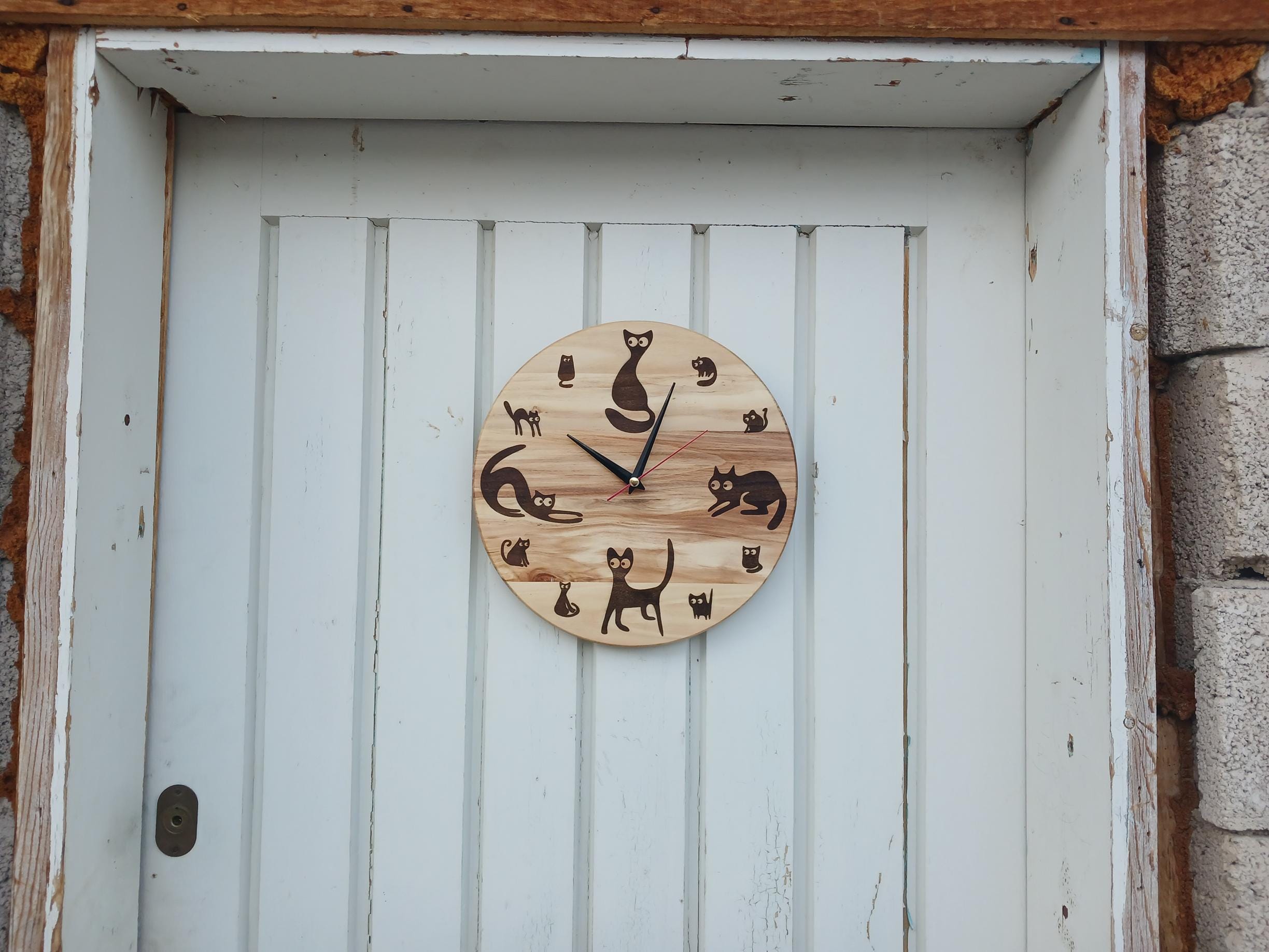 Handmade Cypress Wood Cat Wall Clock, Silent Mechanism (30cm