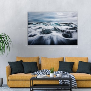 Jokulsarlon Lagoon, Shattered Ice Blocks Moved By Waves Cotton Canvas Art - Cold - Cloudy Sky - Panel Art - Wall Art #26CN