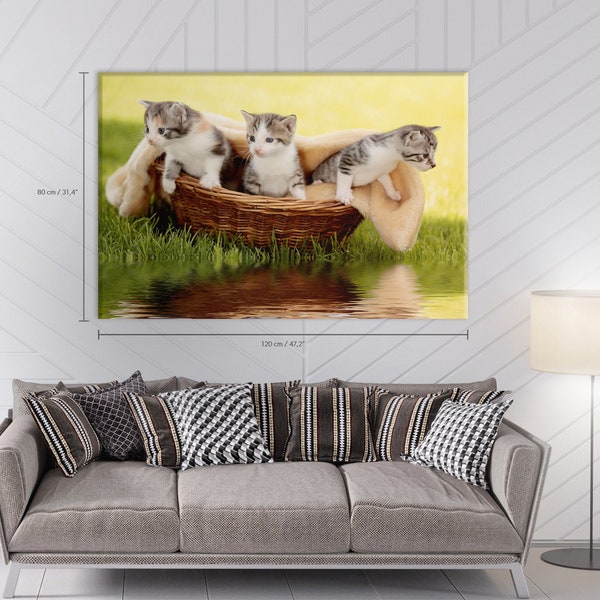 Katzenbabys Im Körbchen Mit Spiegelung Cotton Canvas Art - Three Little Cats In One Basket - Room Decor - Panel Art #71CW