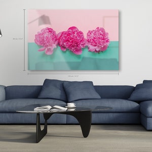 Three Buds Of Peonies On Pink And Turquoise Background. Fashion Minimal. Concept Of Beauty Acrylic Glass Print - Wall Decor #28AP