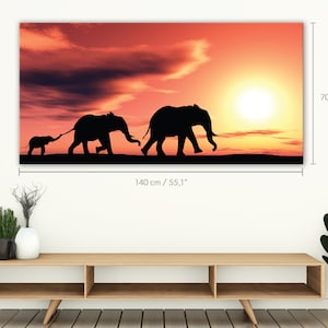Family Of Elephants Cotton Canvas Art - Silhouettes At Sunset - Walking One Behind Another - Canvas Print - Wall Decoration #22CW