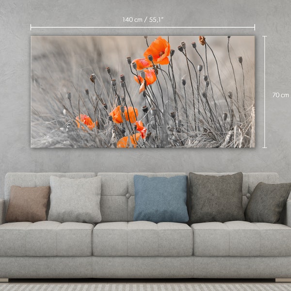 Toile en coton Coquelicots sur fond gris - Art moderne - Art mural - Tableaux - Reproduction sur toile - Décoration murale #34 CM