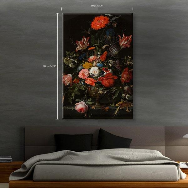 Abraham Mignon - fleurs dans un vase en métal - toile d'art en coton - fleurs colorées - fond sombre - art moderne - toile art poster #1CP