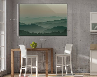 Toile en coton Montagnes verdoyantes dans la brume - Illustration numérique - Art moderne - Grande décoration murale - Décoration d'intérieur #33CN