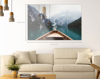 Wood Boat In Braies Lake Acrylic Glass Print - Green Water And Mountains - High Gloss Print - Large Wall Decoration #29AN