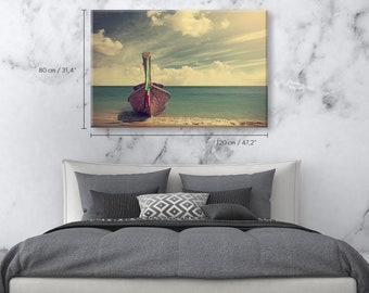 Retrp Filtered Picture Of a Wooden Boat On Beach Cotton Canvas Art - View On The Sea - Wall Picture - Wall Decoration #27CM