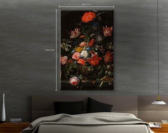 Puede incluir: Una pintura de bodegón que representa un jarrón lleno de una variedad de flores coloridas, incluyendo flores rojas, rosas, blancas y amarillas. El jarrón está sobre un fondo oscuro y las flores están dispuestas en un patrón simétrico.