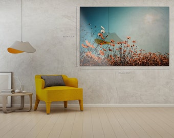 Retro Landscape Nature Background Of Beautiful Cosmos Flower Field On Sky With Sunlight In Spring - Clear Sky - Acrylic Glass Print #24AN