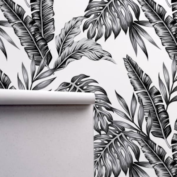 Black and White Palm Leaf Wallpaper Etsy