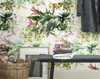 Subtle Tropical Wallpaper - Renters decor - Traditional or removable wallpaper - Flowers and leaves Pattern #3