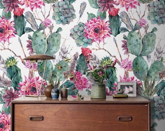 Tropical Removable Wallpaper - Renters decor - Self Adhesive - Removable or Regular Wallpaper - Cactus with pink flowers Wallpaper #5