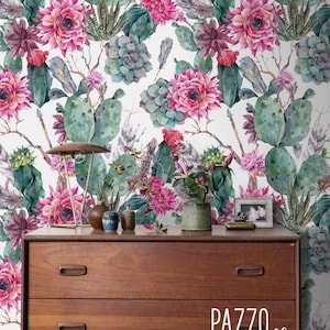 Carta da parati rimovibile tropicale - Decorazione per gli inquilini - Autoadesiva - Carta da parati rimovibile o normale - Cactus con fiori rosa Carta da parati n. 5
