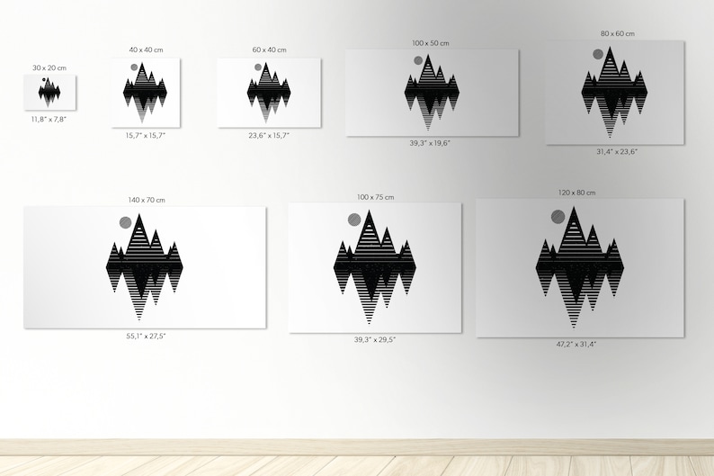 May include: A black and white geometric mountain range design with a circle in the top left corner. The design is available in various sizes, from 30 x 20 cm to 140 x 70 cm.