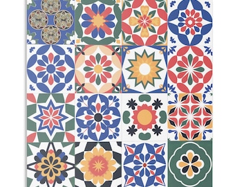 May include: A colorful tile pattern with 16 different designs. Each tile features a geometric pattern in shades of red, blue, yellow, green, and black.