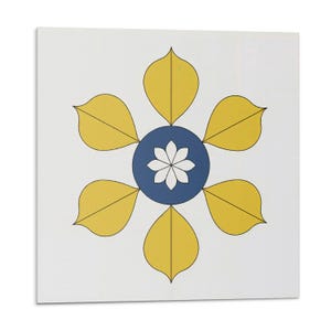 May include: A white background with a blue circle in the centre. The circle has a white flower with six petals inside. Six yellow petals surround the circle.