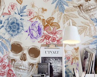 Schädel Tapete - Bunte Blumen selbstklebende Tapete - Florale regelmäßige oder entfernbare Tapete - Schädel-Wandbild - bunte Blumen #21
