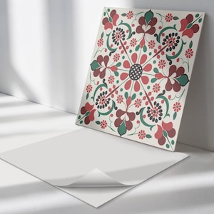 Floral Symmetry PVC Floor Tiles, Red Tile Stickers, Removable Tiles, Texture Tile Stickers, Kitchen Tile Stickers