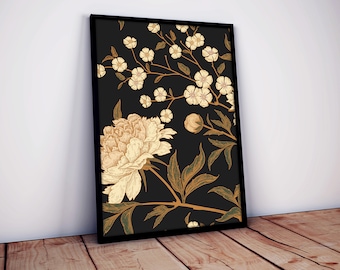 Dark Pattern With Peony Flowers Black And White Wall Decor Bedroom Plant Self-Adhesive Poster - Retro Colors - Floral  - Wall Art #44PP