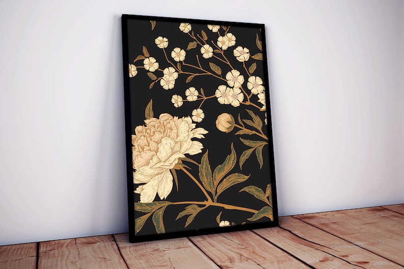 Dark Pattern With Peony Flowers Black and White Wall Decor Etsy UK