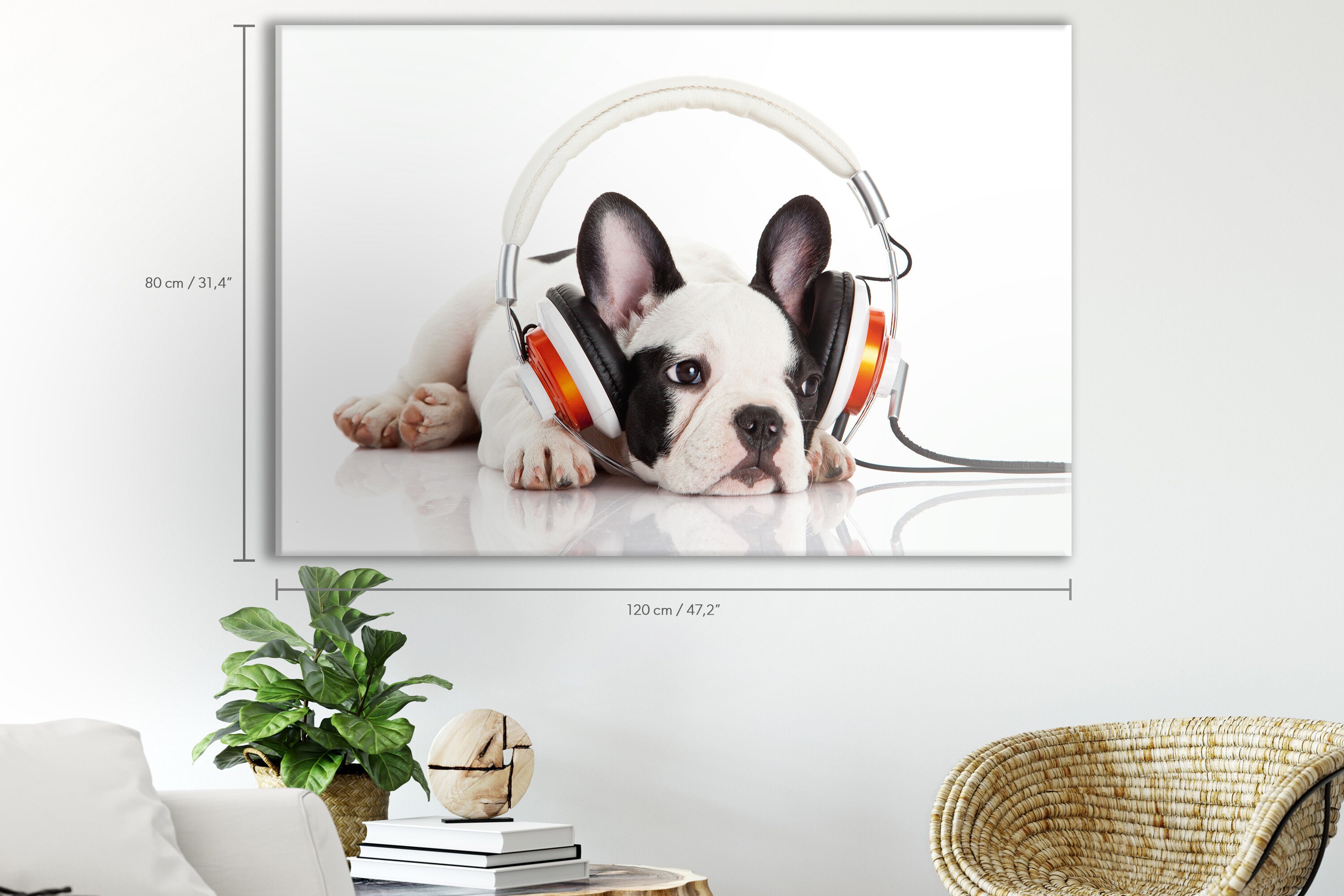 Chien Écoutant de La Musique avec Des Écouteurs Isolés sur Fond Blanc Cotton Canvas Art - Panel Déco