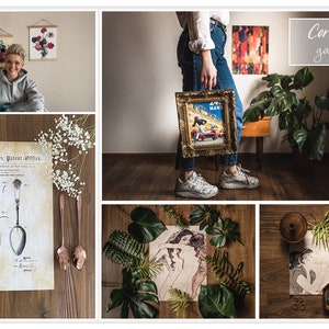 May include: A collage of images showcasing artwork and decor. The top left image shows a woman standing in front of two framed floral prints. The top right image shows a woman holding a framed vintage racing poster. The bottom left image shows a vintage patent drawing of a spoon. The bottom middle image shows a framed nude drawing surrounded by green leaves. The bottom right image shows a framed drawing of a woman with a small wooden box and a decorative rug.