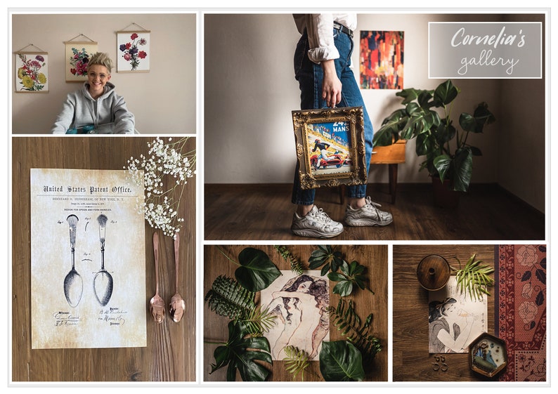 May include: A collage of images showcasing artwork and decor. The top left image shows a woman standing in front of two framed floral prints. The top right image shows a woman holding a framed vintage racing poster. The bottom left image shows a vintage patent drawing of a spoon. The bottom middle image shows a framed nude drawing surrounded by green leaves. The bottom right image shows a framed drawing of a woman with a small wooden box and a decorative rug.