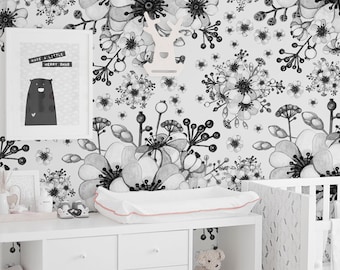 Papier peint floral noir et blanc - décoration locataire - papier peint motif fleurs - papier peint auto-adhésif - papier peint traditionnel #58