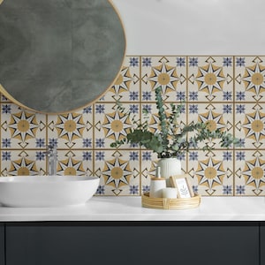 Compass Stars PVC Floor Tiles, Yellow Tile Stickers, Removable Tiles, Texture Tile Stickers, Kitchen Tile Stickers