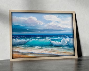 May include: A framed painting of a seascape with a blue sky, white clouds, and turquoise waves crashing on a sandy beach.