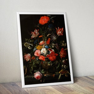 Abraham Mignon - Flores en un jarrón de metal - Póster autoadhesivo - Flores coloridas - Fondo oscuro - Arte moderno - Póster de arte n.° 1PP