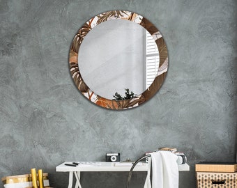 Palm Leaves, White, Art Printed Round Mirror, Circle Mirror, Mirror Wall Decor, Bathroom Mirror