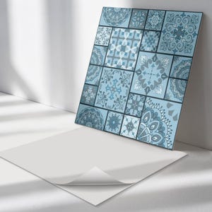 Mosaïques autocollantes géométriques, Carreaux amovibles bleus, Stickers carrelage, Carreaux de sol en PVC texturés, Stickers pour carrelage de cuisine