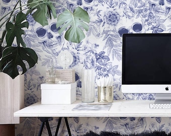 Sugar Skull Self Adhesive Wallpaper - Peel And Stick  - Regular or Removable Wallpaper - Skull Wall Mural - Skull Flowers and Leaves #11