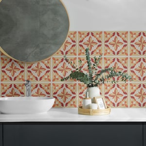 Abstract Floral Pattern PVC Floor Tiles, Red Tile Stickers, Removable Tiles, Texture Tile Stickers, Kitchen Tile Stickers