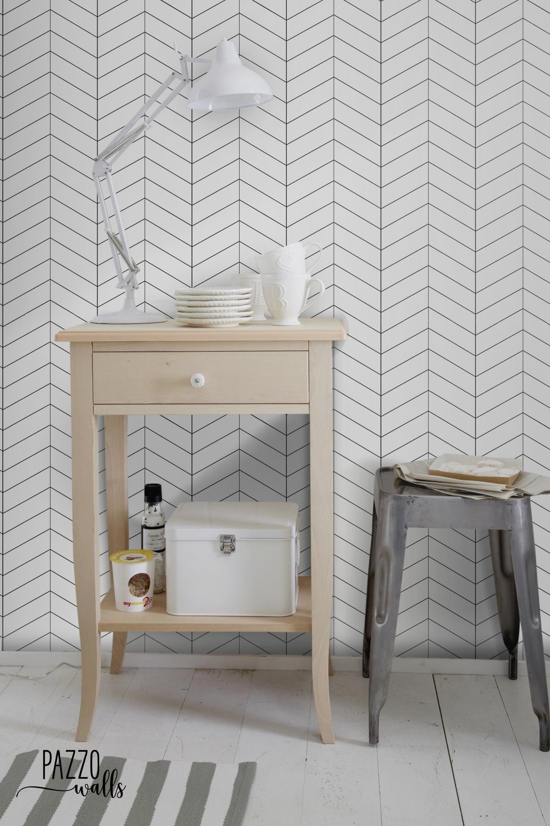 Black and White Herringbone Wallpaper Renters Decor - Etsy