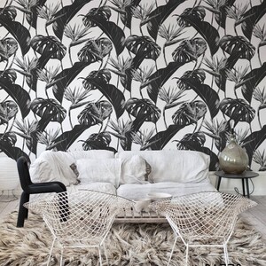 Monochrome Tropical Wallpaper - Renters decor - Removable and Regular Wallpaper - Tropical Wall Mural - Tropical Print Wallpaper #7
