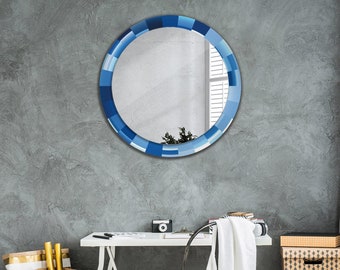 Blue Abstract, Blue, Art Printed Round Mirror, Circle Mirror, Mirror Wall Decor, Bathroom Mirror