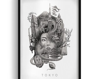東京イラストフレーム、白黒東京シティウォールアート、シティアート