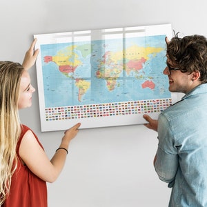Mapa-múndi de geografia Quadro magnético, rastreador de viagens, mapa de viagem multicolorido, rastreador de viagens de lugares visitados, marcador de apagamento a seco