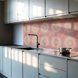 Mandala Details PVC Floor Tiles, Red Tile Stickers, Removable Tiles, Texture Tile Stickers, Kitchen Tile Stickers