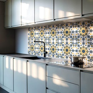 Floral Symmetry PVC Floor Tiles, Yellow Tile Stickers, Removable Tiles, Texture Tile Stickers, Kitchen Tile Stickers