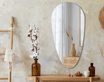 Miroir décoratif suspendu Japandi, Design minimaliste en forme de goutte, Décoration murale, Montage facile, Miroir sans cadre