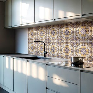 Floral Motifs Tile Stickers, Yellow Peel and Stick Tiles, Tile Stickers, Texture PVC Floor Tiles, Floor Tile Stickers