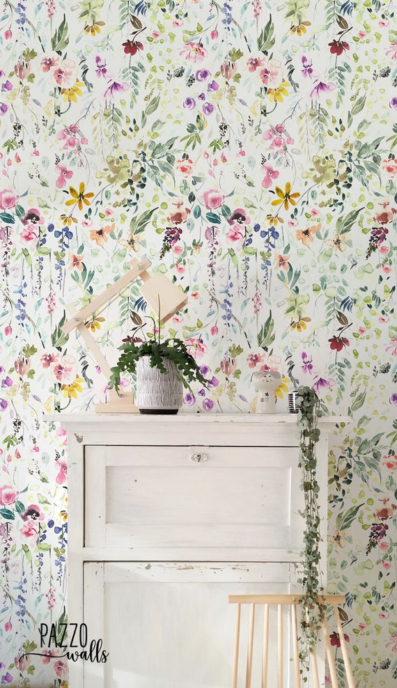 Watercolor Field Flowers Wallpaper Renters Removable Floral Regular or Wallpaper Etsy Decor Flower - Floral Wild Decor Wallpaper Wall 90