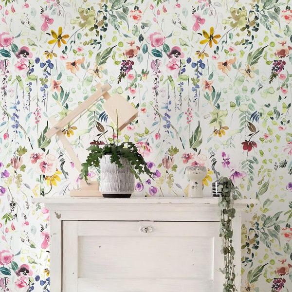 Watercolor Field Flowers Wallpaper - Renters decor - Floral Removable or Regular Wallpaper - Wild Flower Wallpaper - Floral Wall Decor #90