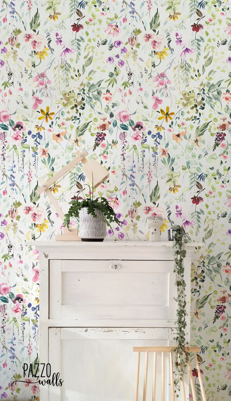 Wall or Decor Decor Floral Wallpaper Flower Wallpaper Floral Etsy Watercolor Field - Removable Flowers Wallpaper Regular Wild 90 Renters