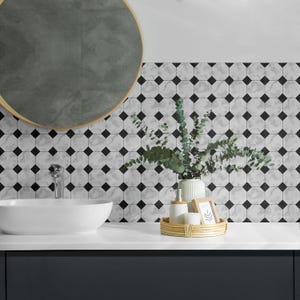Geometric Tile Patterns PVC Floor Tiles, Black And White Tile Stickers, Removable Tiles, Texture Tile Stickers, Kitchen Tile Stickers